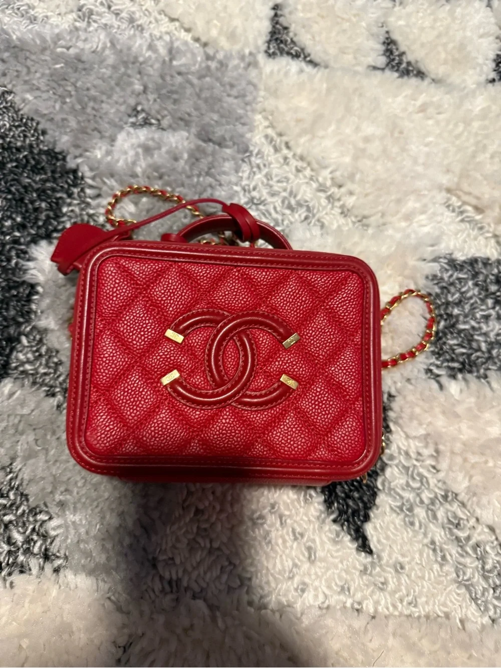 CHANEL Red Quilted Vanity Crossbody with Top Handle